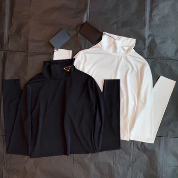 Фирменный дизайн Треугольный Металлический топ с высоким воротом и длинным рукавом, женская хлопковая облегающая рубашка, однотонная роскошная спортивная рубашка
