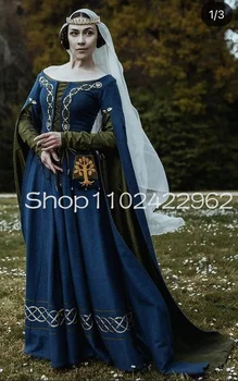 Темносиние наряды эпохи Возрождения, средневековые платья для выпускного вечера, Сказочное кружевное платье с длинным рукавом и вышивкой, вечернее платье для Хэллоуина, суета