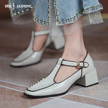 Милые каблуки для женщин, украшенные жемчугом, женские туфли Мэри Джейнс, модные женские туфли, новейшая свадебная танцевальная вечеринка, женская обувь, новинка 2021 года