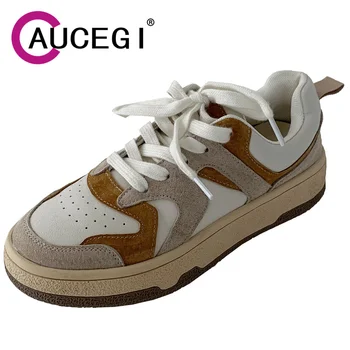 Aucegi/ разноцветные массивные кроссовки на толстой подошве, женские весенне-осенние модные замшевые туфли на платформе из натуральной кожи в стиле пэчворк
