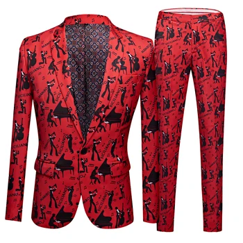 Мужской костюм, куртка с красочным принтом, мужской костюм с одной пряжкой, приталенный модный костюм с граффити, пианино, черный красный костюм с принтом