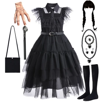Платье по средам для девочек, черный готический костюм, детские подростковые платья для танцев Аддамс на Хэллоуин, одежда для косплея