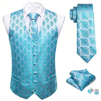 Роскошный светло-голубой мужской жилет, костюм, комплект галстуков, шелковый официальный жилет для свадебной вечеринки, безрукавка с V-образным вырезом и вышивкой Barry Wang