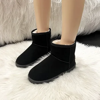 Женская обувь 2023, брендовые женские ботинки без застежки, зимние однотонные зимние ботинки из флока с круглым носком и плюша, короткие зимние ботинки на низком каблуке в сдержанном стиле