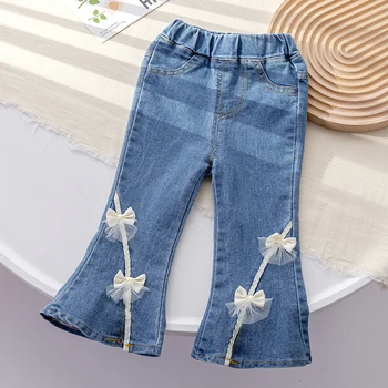 Весенне-осенние повседневные детские брюки-клеш для маленьких девочек, Детская одежда, джинсы для маленьких девочек, ковбойские детские джинсы с бантом для маленьких девочек
