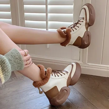 2024 Новые зимние ботинки из натуральной кожи и шерсти Женские зимние ботинки на платформе со шнуровкой Модные Ботильоны для женской обуви