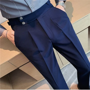Темно-синие мужские брюки, летние модные однотонные брюки с высокой талией, мужские свадебные деловые повседневные шерстяные брюки для общения