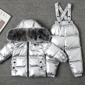 Новая зимняя толстая детская пуховая куртка, комбинезон с большим воротником из натурального меха, детский лыжный костюм, теплая куртка для мальчиков и девочек серебристого цвета