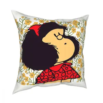 Квадратная наволочка Mafalda и цветы, Декоративная подушка из полиэстера с рисунком Каваи, забавная наволочка для домашнего декора