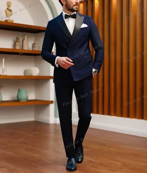 Новый мужской темно-синий Костюм Жениха для выпускного вечера, свадебной вечеринки, Официальный деловой костюм, комплект из 2 предметов, Куртка и брюки A04