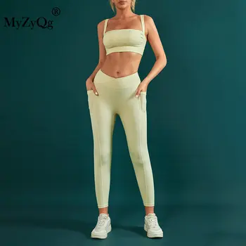 MyZyQg Женский комплект из 2 предметов для йоги, Повседневные спортивные бюстгальтеры, леггинсы с V-образным вырезом и высокой талией, брюки, жилет для пилатеса, костюм для фитнеса Beauty Back