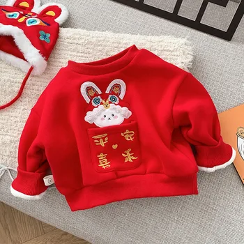 Рождественская толстовка Принцессы для девочки с животным принтом Плюс бархатная теплая зимняя красная одежда для малышей, топы на Китайский Новый год для маленьких мальчиков