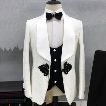 Мужской костюм из трех частей пальто жилет брюки 2023 новые высококлассные китайский завязывая белый принт вечерние тонкий мода бизнес свадебные