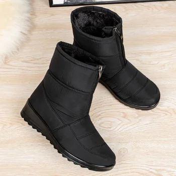Водонепроницаемые зимние ботинки для женщин, зимние теплые плюшевые ботильоны, молния спереди, нескользящая обувь с хлопковой подкладкой, женский размер 44