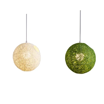 2x Зеленая/белая люстра с шариками из бамбука, ротанга и пеньки, индивидуальный креативный сферический абажур из ротанга-гнезда