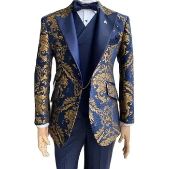 SZMANLIZI Новейший дизайн Для курения Темно-синий Золотой блейзер с цветочным принтом Мужские костюмы из 3 предметов Смокинги жениха для свадьбы на заказ Terno Masculino