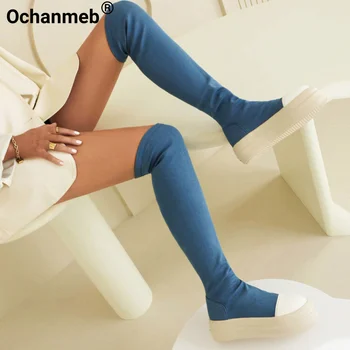 Ochanmeb/ Модные синие джинсы, Сапоги выше колен, женские длинные сапоги на толстой плоской платформе без застежки, женская зимне-осенняя обувь