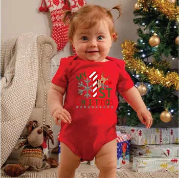 Мой первый Рождественский детский красный комбинезон с коротким рукавом, модный детский наряд для маленьких мальчиков и девочек, Одежда с Милым принтом Оленя, Рождественский Лучший подарок