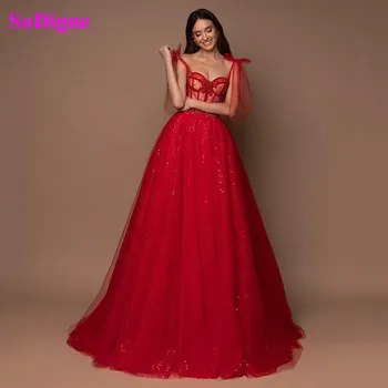 Длинные выпускные платья SoDigne красного цвета трапециевидной формы с блестящими бретельками-спагетти, тюлевый корсет, вечерние платья длиной до пола, свадебное платье для вечеринки