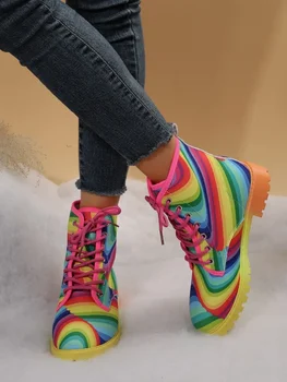 Горячая распродажа осенней моды 2023 года, яркие короткие ботинки на шнуровке из искусственной кожи с круглым носком, удобные классические женские ботинки большого размера