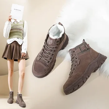 Добавьте Кашемировые зимние ботинки с высоким берцем, Женские Зимние новинки 2023 года, Корейская версия теплой повседневной хлопчатобумажной обуви на толстой подошве для студенток